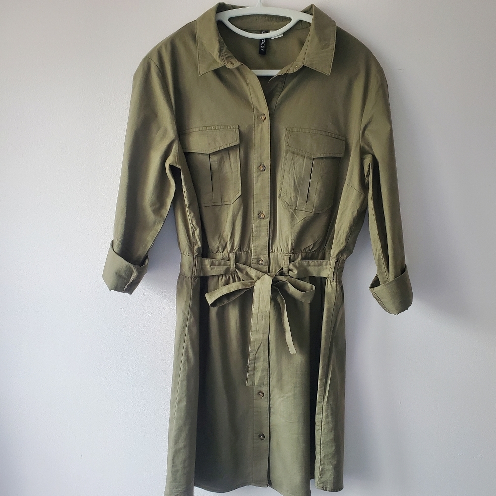 Divided By H&M Olive Green Button-Up Utility Shirt Dress Sz M Tie Belt Casual